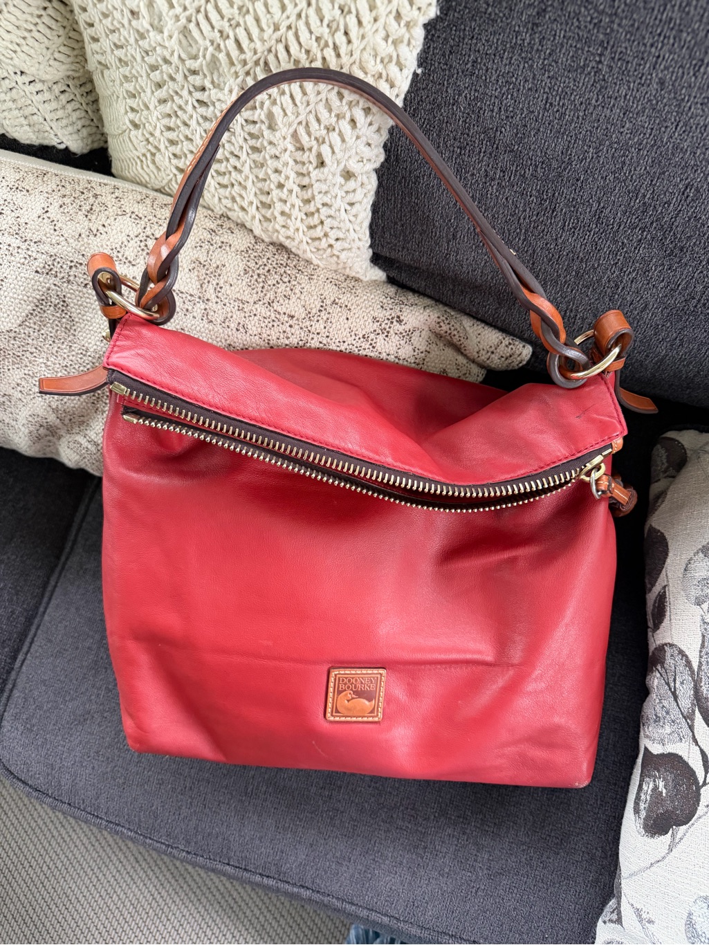 Dooney & Bourke Red Leather Shoulder Hobo With Contrast Strap